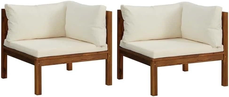BOWERY HILL Solid Acacia Wood Corner Sofa, Cream White Cushions, Modular Design, Oiled Finish, Square Shape, Weatherproof Outdoor and Indoor Patio Furniture, Contemporary Style Seating for 2