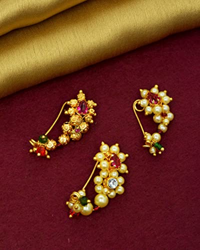 Image of Medium Size Traditional Maharashtrian Banu Nath Nose ring without piercing Pearl Gold Plated Nath Combo Clip On Nose Ring For Women
