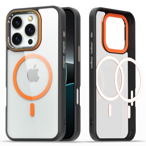 Image of Pikkme Back Cover for iPhone 16 Pro | Shockproof | Mag-Safe Compatible | Hard Transparent Back | Premium Raised Camera Protection | Bumper Case (Black & Orange Mag-Safe)