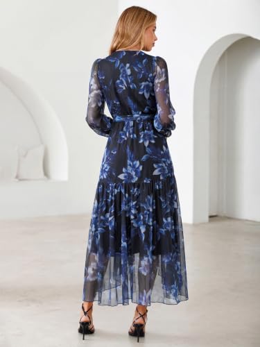 Simplee Women's Floral Long Sleeve Mesh Maxi Dress Fall V Neck Wrap High Low Swing Flowy Wedding Guest Dress Navy Watercolor XL — view 4