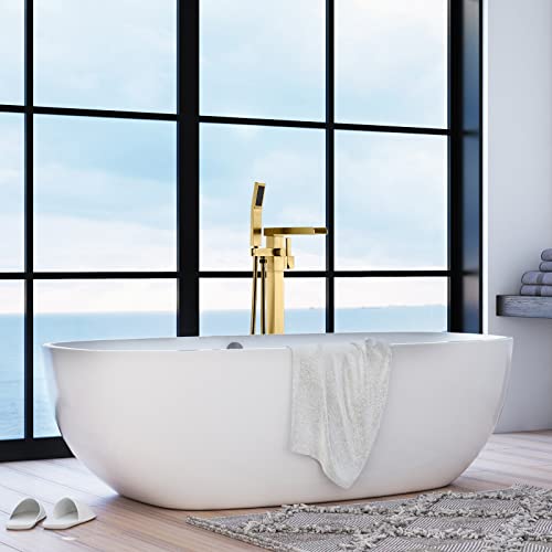 Bagnolux Freestanding Bathtub Faucet Tub Filler Floor Mount Bathroom Faucets Brass Single Handle With Hand Shower (Waterfall Style B, Brushed Brass) #TOP1