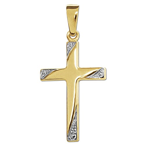 CLEVER SCHMUCK Goldener Kinder Anhänger kleines Kreuz 19 mm glänzend bicolor, Kreuzenden schräg angeschnitten bicolor mit Pünktchen verziert 333 GOLD 8 KARAT