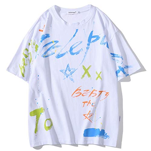 DMUEZW Hommes T-Shirt Coloré Irrégulier Graffiti T-Shirt Hommes O-Cou Casual Hip Hop T-Shirts D'Été Harajuku Lâche Streetwear Cover