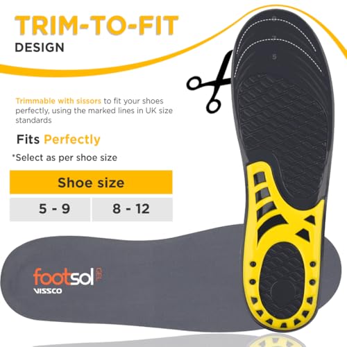 Image of FOOTSOL Premium Gel Insoles (by VISSCO) for All-Day Comfort & Pain Relief | Dual-Gel Cushioning, Shock Absorbing Heel, Breathable & Trim-to-Fit Design for Work, Sports & Daily Use for Men- Size (5-9) - 1 Pair