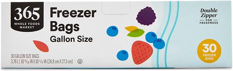 Bags 365 by Whole Foods Market: Extra-Large Double Zipper Freezer Bags, 30 Count Double zipper freezer bags, gallon size, 30 count 365 by Whole Foods Market: Extra-Large Double Zipper Freezer Bags, 30 Count