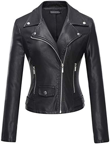Tanming Women's Faux Leather Moto Biker Short Coat Jacket (Black-XL)