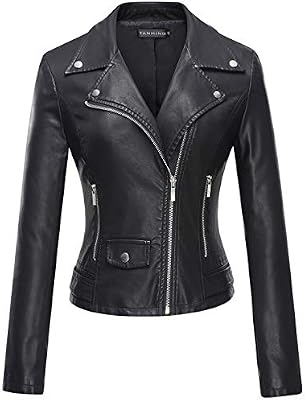 Tanming Women's Faux Leather Moto Biker Short Coat Jacket (Black-XL)
