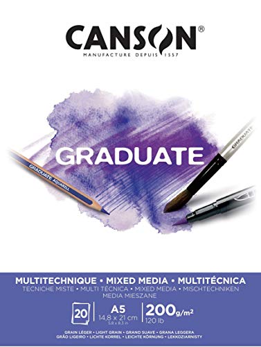 Canson Graduate, Papel Mixed Media, Grando Ligero, 200G, Encolados Por El Lado Corto, A5-14,8X21Cm, Blanco Brillante, 20 Hojas