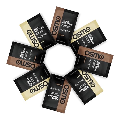 Image of Osmo Rapid Recovery - Whey & Micellar Casein Protein Powder Blend with Carbohydrates & Caffeine, All Natural Ingredients, Enables Muscle Repair & Boosts Glycogen Restoration - Combo Pack, 8 Servings