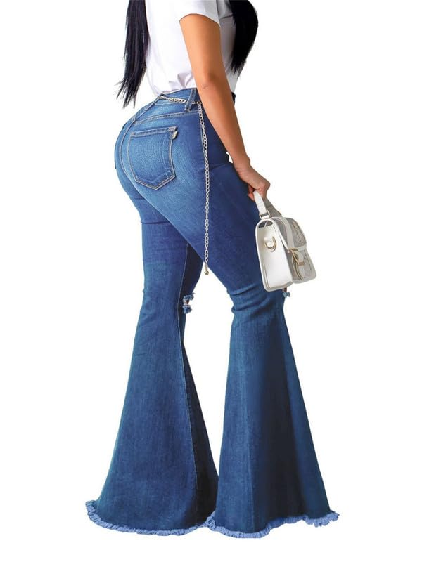 Andongnywell Women's High Waist Stretch Flared Jeans Wide Leg Tassel Slim Bell Bottom Denim Pants Trousers2