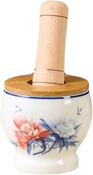 Mortar and Pestle Set Ceramic Grinding with Wooden Mortar and Pestle Ceramic Garlic Grinder Kitchen Garlic Press Home Spice Pounder Herb Crusher