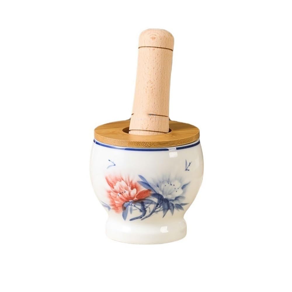 Mortar and Pestle Ceramic Grinding with Wooden Mortar and Pestle Garlic Grinder Kitchen Press Home Spice Pounder