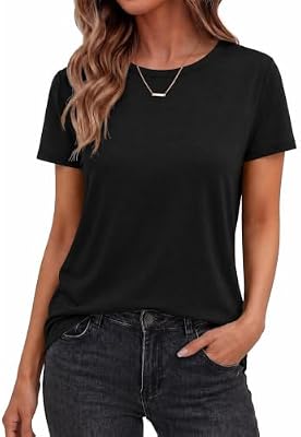 TNNZEET Black Shirt Womens - Short Sleeve Spring Summer Casual Tops Loose Basic Tees Crew Neck Tshir...