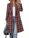 CHICZONE Womens Notch Lapel Double Breasted Wool Pea Coat Long Plaid Jackets Winter Overcoat Red XL