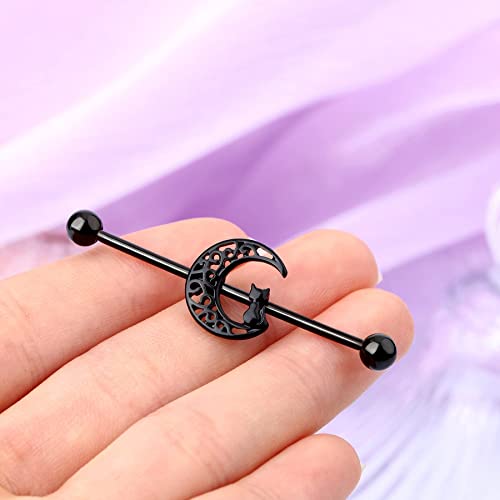 Jewseen 14G Black Bar Industrial Barbell Moon Cute Cat Industrial Rings Body Piercing Industrial Jewelry #TOP4