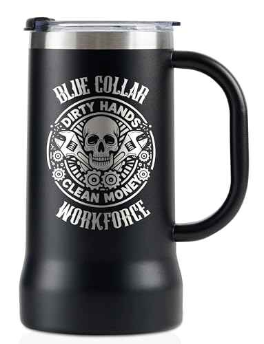 Onebttl Blue Collar Gifts for Men, Boyfriend, Stainless Steel Beer Stein Tumbler, 24oz Beer Mug with Lid for Mechanic, Welder, Construction Worker