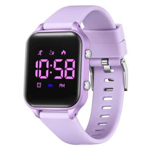 Timever Relógio digital para meninos e meninas com pedómetro, alarme, cronómetro, luz e data - relógio desportivo sem App nem telefone com correia de silicone, Roxo, Correia