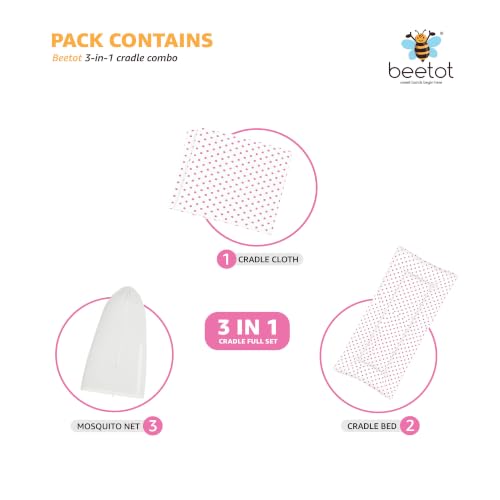 Image of Premium Swing Cradle Set | Hanging Swing Cradle, Removable 5-Layer Padded Bed & Mosquito Net | Up to 15 kg | Light Pink Dot