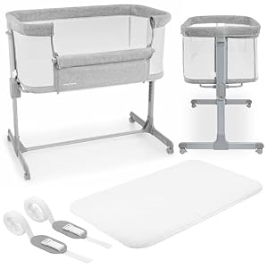 Next to me Crib 3 in 1 – Bedside Cots for Babies – Baby Bassinet with Breathable Mesh – Baby Cot with Mattress Included – 7 Height Levels – Wheels & Removable Side Panel – Suitable up to 9kg