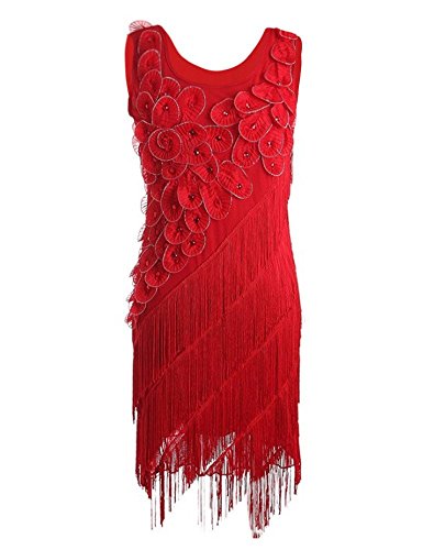 PrettyGuide Women s 1920s Beaded Fringe Scalloped Petal Hem Origami Flapper Dress L Red