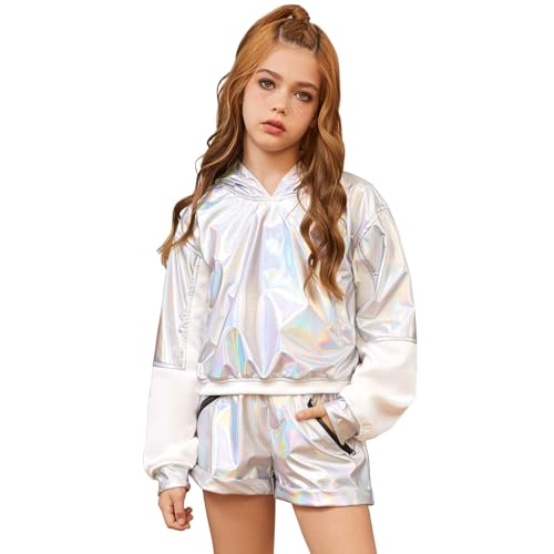 Jxstar Girls Metallic Hoodies Shiny Pullover Long Sleeve Sweatshirts Cropped Top Sparkly Club Wear Rave Disco Dance Outfits with Pocke, 8-9Y by Jxstar - Used condition - US$17.50
