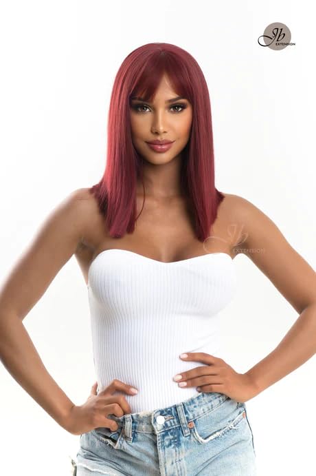 Miniatura 2 de Peluca lacia roja NATALE con flequillo completo, corte Bob, pelucas sin pegamento para mujer, pelucas sintéticas naturales para uso diario (pelucas