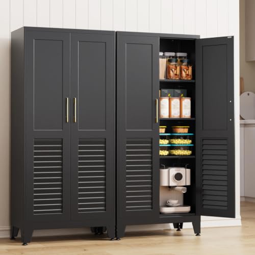 KIKIYIN 61" H Pantry Storage Cabinet with Doors and Shelves, Adjustable Kitchen Pantry Cabinet, 4-Tier Tall Metal Storage Cabinet, Craft Cabinets for Pantry, Kitchen, Laundry, Living Room, Black