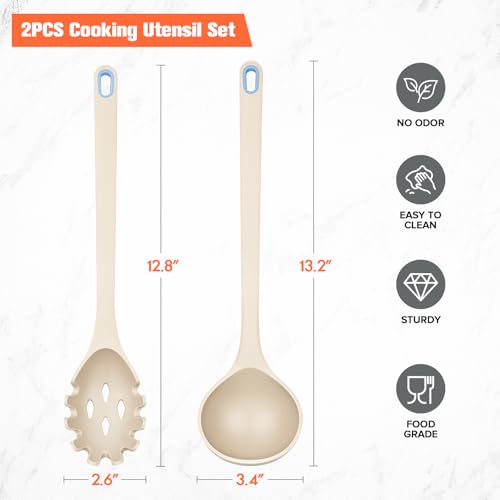 Silicone Spaghetti Spoon&Soup Ladle Cooking Utensils Set of 2,No Scratch for Nonstick Cookware,BPA Free, 450℉ Heat Resistant (KHAKI) by TesQita - Image 6