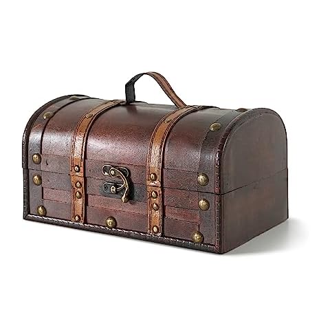 SLPR Wooden Storage Box with Hinged Lid and Handle - 11" x 7" x 5.7", Small Decorative Wood Treasure Chest, Vintage Suitcase Case for Keepsakes, Pirate Chest for Classroom Cover