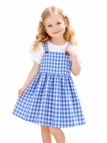 HILEELANG Toddler Girls 2 Piece Dress Outfit Cotton T Shirt Blue Gingham Pinafore Dress Summer Suspender Dress 2-8 Years