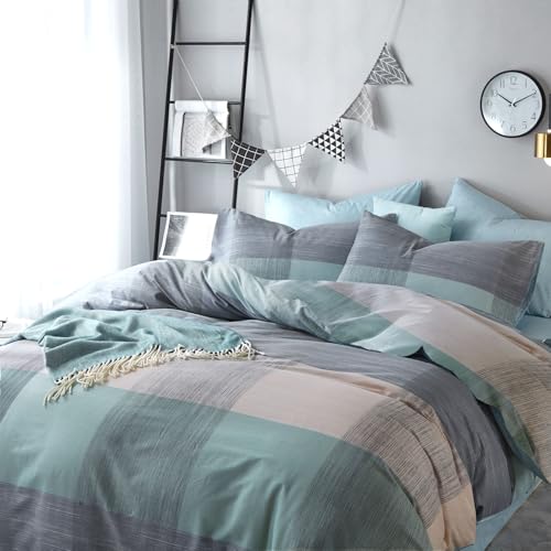 Image of VM VOUGEMARKET Blue Patchwork Duvet Cover Set Queen Multi-Dimensional Design Modern Bedding Set Plaid Mint Green with Stripes Soft Cotton Comforter Cover with Zipper Closure-No Filling