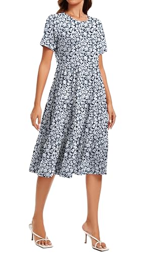 Image of Womens Summer Short Sleeve Crew Neck Midi Dress 2026 Casual Fit Flowy Tiered Beach Vacation Sundress with Pockets