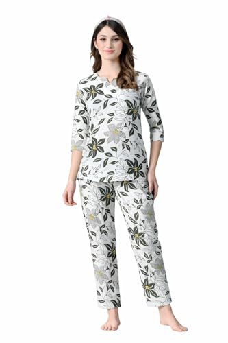 Ichaa Women's Rayon Printed Night Wear Top and Bottom Night Suit Set White
