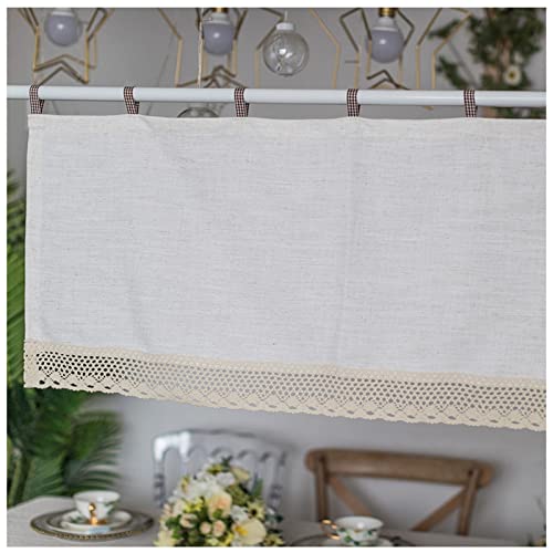 TAEOVXD Cenefa rústica de Lino y algodón para cafetería, Estilo Granja, con Trabillas en la Parte Superior, Cortinas de bistró con Ribete de Encaje para Cocina y baño