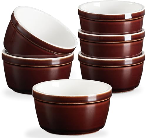 ONEMORE 6 oz Oven Safe Ceramic Creme Brulee Ramekins - Set of 6 Stackable Custard Cups for Baking, Pudding, and Dips - Scratch-resistant, Microwave & Dishwasher Safe - Reddish Brown