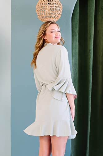 Belle's Design Women’s Ruffle Short Robe Satin Silk Kimono Style With Long Sleeve Bridesmaid Loungewear Sleepwear (One Size, Sage) #TOP2