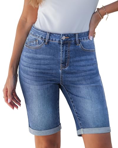 luvamia Bermuda Jean Shorts for Women Knee Length High Waisted Trendy Womens Shorts with Pockets Cuffed Hem High Waisted Denim Women Denim Summer Jorts Medium Blue Size Large US 12 to 14