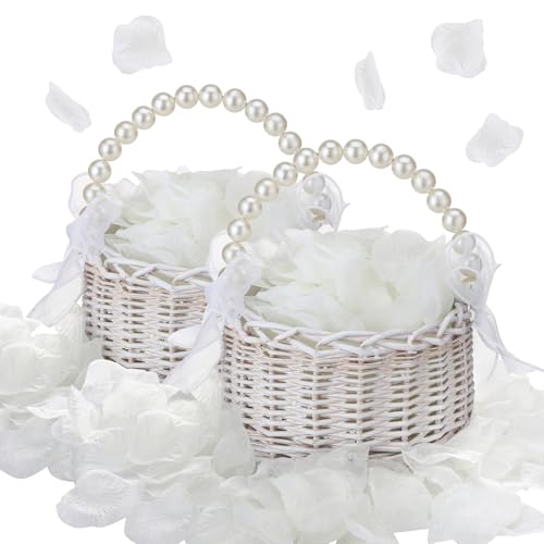 Ovveroche 2 Pcs Wedding Flower Girl Basket with Pearl Handle,