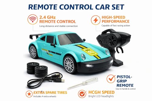 Image of 360 Remote Control Stunt Car for Kids | 1:24 RC Racing Drift Car with LED Lights, 2.4GHz Controller, Rechargeable Battery, Long Range 160ft | Gift Toy for Boys & Girls (Sky Blue)