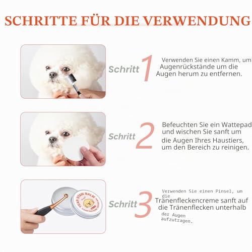 Tränenfleckentferner Kit für Hund & Katze mit Tränenfleckenbalsam, Tränenfleckenkamm, Pro Puderbürste, Augenpads, Sanfte Augenpflege - Reiniger zur Entfernung von Tränenflecken, Augenschmutz, Ausfluss