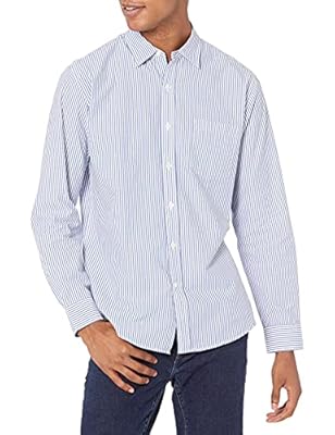 Amazon Essentials Camisa Informal de Popelina con Manga Larga y Corte Recto Hombre Azul Blanco Rayas Verticales XXL