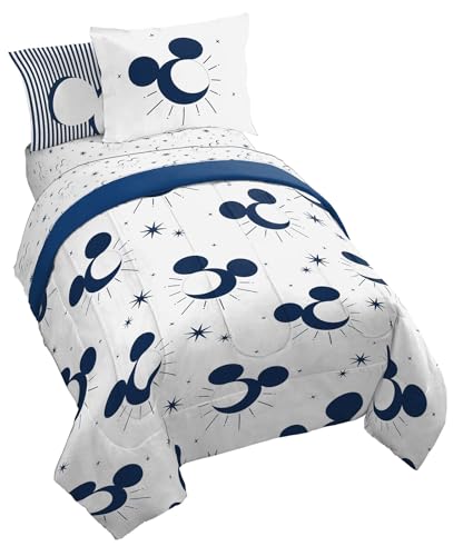 Image of Disney Mickey Mouse Full Comforter Set 7 Piece Celestial Bedding, White | Bed in a Bag, Comforter Sheets Shams Pillowcases, Official Product, Soft Microfiber, Machine Washable, Easy Care