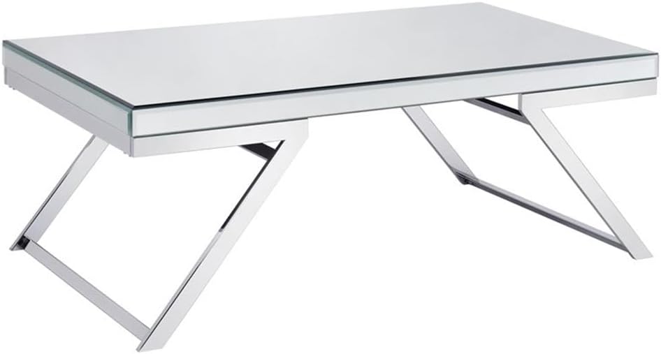 Pemberly Row 3-Piece Coffee Table Set, Mirrored Glass Tops, Chrome Metal Base, Contemporary Glam Style, Includes 1 Coffee Table & 2 End Tables, Beveled Mirrored Design for Living Room