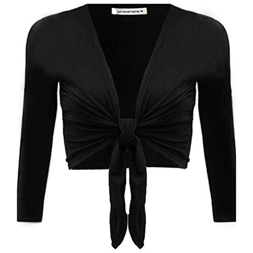 Womens Plain Bolero Front Tie Shrug Cropped Long Sleeve Stretch Cardigan Top Black