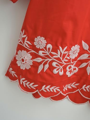 Womens Embroidered Long Sleeve Mini Dress Loose Fit Vintage Embroidery Dress with Double Neckline Self Tie4