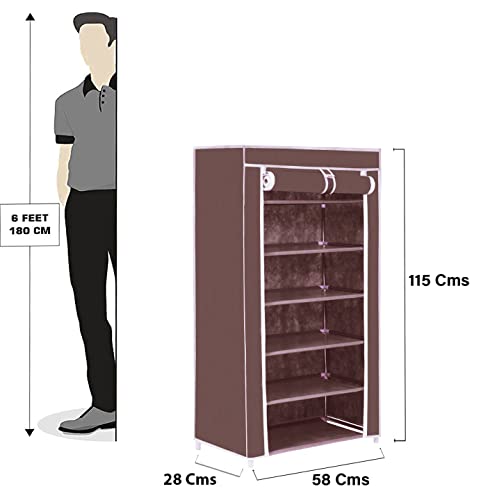 Image of FLIPZON Collapsible Fabric Wardrobe Organizer For Clothes (Iron And Non Woven Fabric) (Brown, 6 Shelve), (58 X 28 X 115Cm)