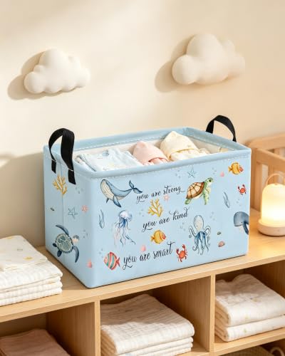 Image of Essme Rectangular Ocean Basket,Kids Baskets Empty with Handles,Cute Baskets for Kids Halloweens Room Decor,Boys and Girls, Candy Basket,(wenziocean)