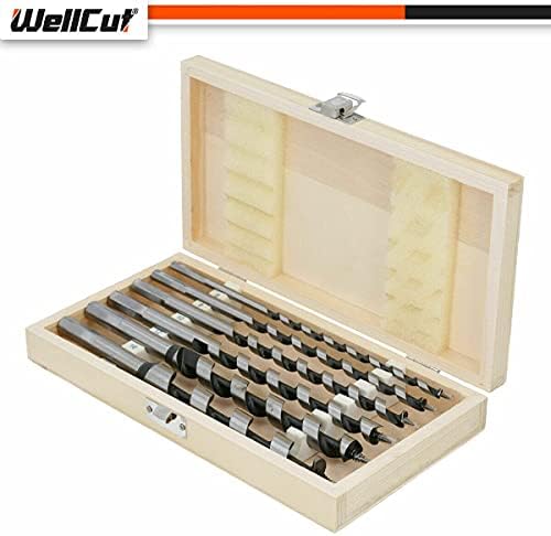 WellCut Auger Drill Bit Set 6-Piece in Wooden Case, Auger Bits Hex shank 6mm / 8mm / 10mm / 12mm / 16mm / 20mm Diameter 230mm Long with Self-Feeding Sharp Tip Fast Chip Removal