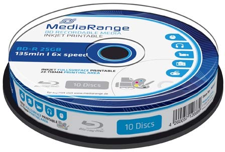 Bluray MediaRange 25GB 10pcs BD-R Spindel Injekt