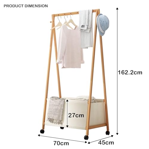 Image of Lukzer Bamboo Garment Rack with Fabric Storage Basket and Wheels | Coat & Clothes Hanging Rail Free Standing Garment Hanging Rails For Home Office Hallway Bedroom (45 x 70 x 162 cm) CH-153